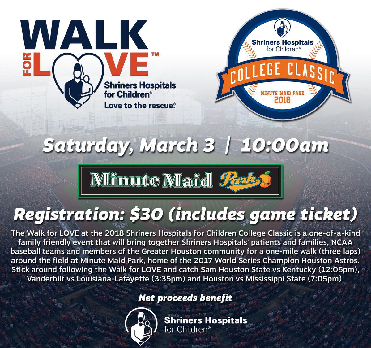 astros's tweet photo. Come early for the #ShrinersColle​geClassic Walk for LOVE on March 3. A $30 donation gets you onto the field and a ticket for 3 premier games. Register: https://t.co/Kmm2Dpuyqo https://t.co/yP8mPIFJCz