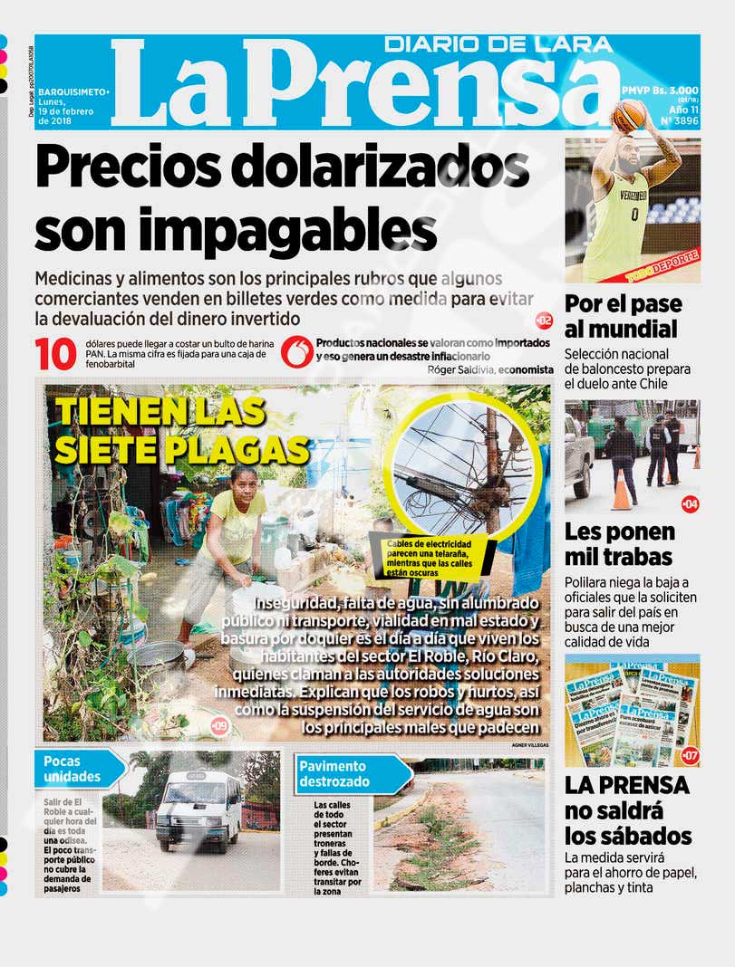 Feliz inicio de semana, esta es la portada de nuestra edición impresa de hoy lunes #19Feb #LaPrensaLara