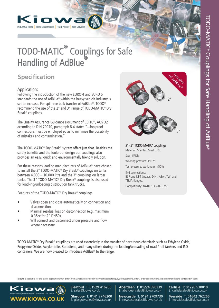 KiowaLtd's tweet photo. The #TODO-MATIC #DryBreak couplings can be used with #AdBlue
Contact @KiowaLtd for more information #safety #legislation #Kiowa #couplings #tanker #tanktrucks https://t.co/bJBwoab1U4