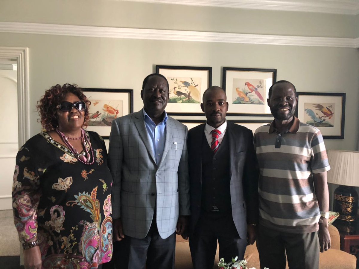 RailaOdinga's tweet photo. Arrival in Harare with Kisumu Governor  @AnyangNyongo and my sister Beryl Achieng. We have been welcomed by acting MDC President @nelsonchamisa https://t.co/0ZJtkp8Jnp