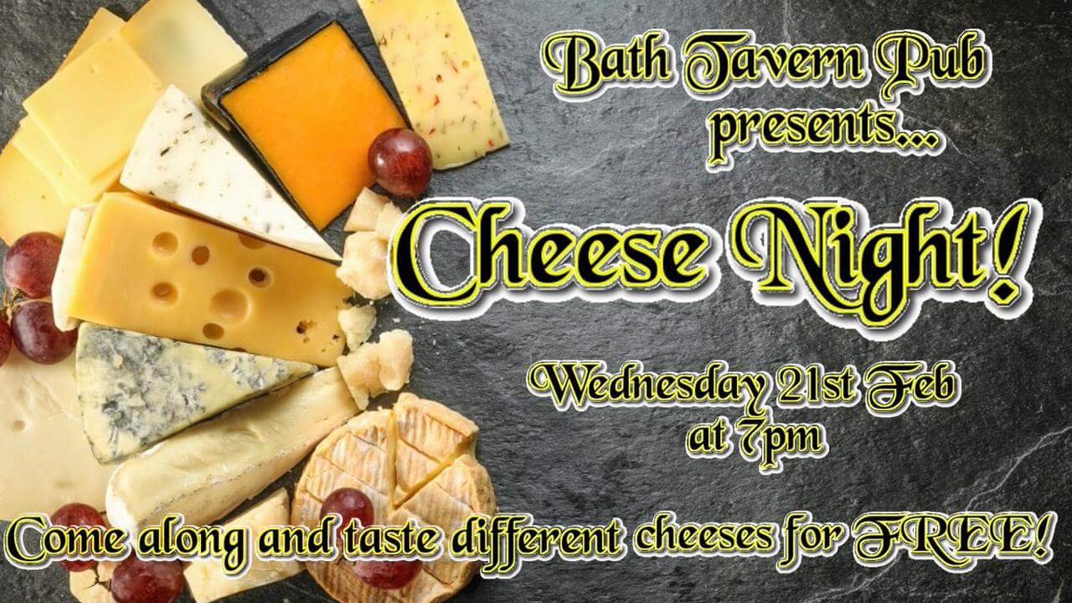 BathTavernChelt's tweet photo. 🧀BATH TAVERN CHEESE NIGHT🧀 this Wednesday 21st at 7pm. Come along and taste different cheeses... for FREE!🧀 #Cheltenham #pub #cheese #free https://t.co/h8krdInn3U