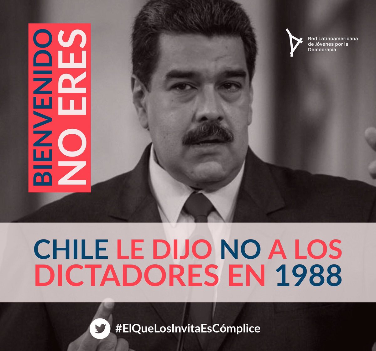 Chile 🇨🇱 le dijo NO a los dictadores en 1988!

Súmate a la campaña de <a href="/JuventudLAC/">Juventud LAC</a> pidiéndole al Gobierno de Chile que retire invitación a Nicolás Maduro al cambio de mando