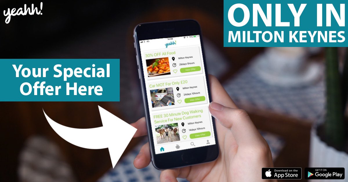 YeahhApp's tweet image. Have a business in #miltonkeynes 
Great! Then list a special offer on Yeahh 100% FREE. 
Get your deal in front of thousands of local people.