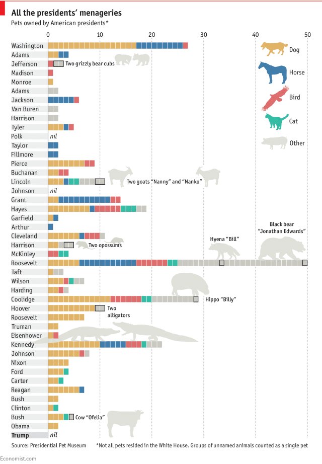 qlik's tweet photo. Badgers, roosters, opossums, oh my! @TheEconomist shares some #dataviz showing all the pets that called the White House home. https://t.co/xWRKraUec5 #PresidentsDay https://t.co/t3A2lkGEXH