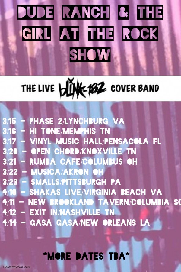 HEY PUNKERS! 

Wanna come jump around to nostalgic pop punk songs and laugh at wiener jokes? More specifically, jokes about our wieners? Well you’re in luck! Check out the tour schedule and come hang out with us. See you next month dudes!