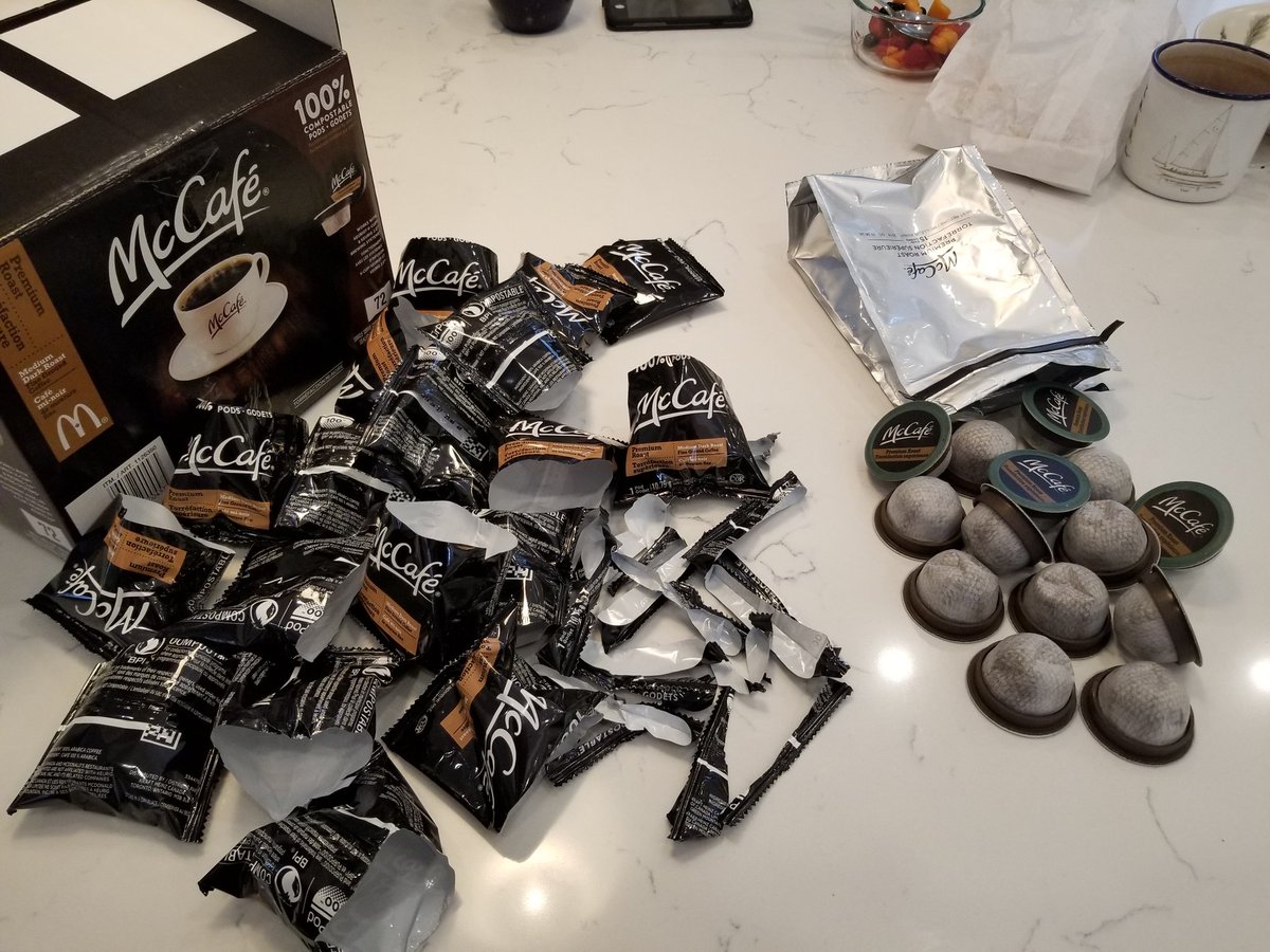 bradkeates's tweet photo. @McCafe I'm sure I missed it but why are your 100% compostable pods not packaged in compostable wrappers? Forcing me to unwrap the pods and put them into a reusable vacuum pack to satisfy my son's enviro gf @Courtneysbut -  what's up? https://t.co/bZ4EEObndq