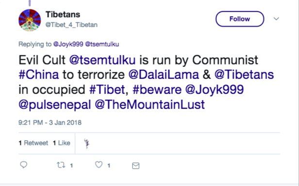 lobsangkyabjom's tweet photo. .@Tibet_4_Tibetan tweets target & harass @tsemtulku & #Kechara Buddhists. @TwitterSafety & Support, please step in and stop such #racist, #abusive #hatespeech! They violate #Twitter rules!
#cyberbullying
#StopTheHate
#religiousfreedom
#China https://t.co/q8ilHEc2Tj