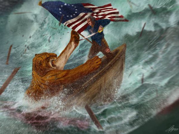 CloydRivers's tweet photo. Nothin' says "Happy Presidents' Day" like George Washington fightin' a tiger while crossin' the Delaware. Merica. https://t.co/swhtnfzLS5