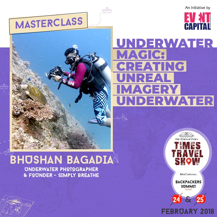 A masterclass by @BhushanBagadia on the process of underwater photography, the technical and physical requirements for this profession and get an insight into how Bhushan shot some of his most renowned work. #TimesTravelShow2018 #MeetTheWorld @Event_Capital