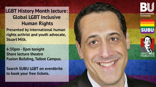 Join <a href="/SUBUBournemouth/">Students' Union at Bournemouth University</a> &amp; BU in the Share lecture theatre from from 6.30-8pm this evening for a LGBT History Month public lecture with Stuart Milk, international human rights activist and youth advocate.  ow.ly/w9Q430iujQ0