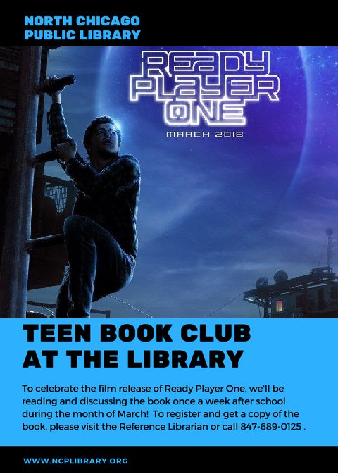 NChicagoLibrary's tweet image. NCPL will be starting a Teen Book Club next month! Please see the Reference Librarian for details.