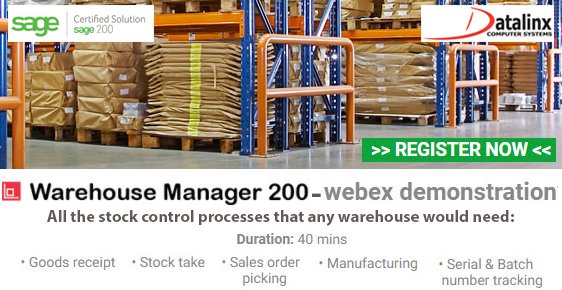Datalinxltd's tweet photo. Are you interested in Warehouse Management Systems (#WMS) for #Sage200?
@Datalinxltd #WHM200 webex demonstrations have been created as a general run through of what this product can do.
Interested in a 1 to 1 demo - register: https://t.co/G80VpRd4QQ #Sage200 #WMS https://t.co/9IT04Mf6Z7