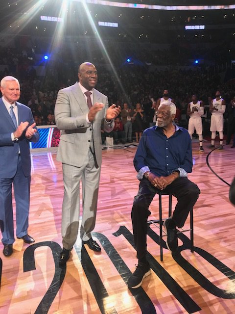 MagicJohnson's tweet photo. What an amazing 2018 All-Star weekend in LA. I had a great time at the game yesterday being honored with legends @SHAQ, Elgin Baylor, @JuliusErving, Kareem @kaj33 and Jerry West. https://t.co/pleHnWWTsi