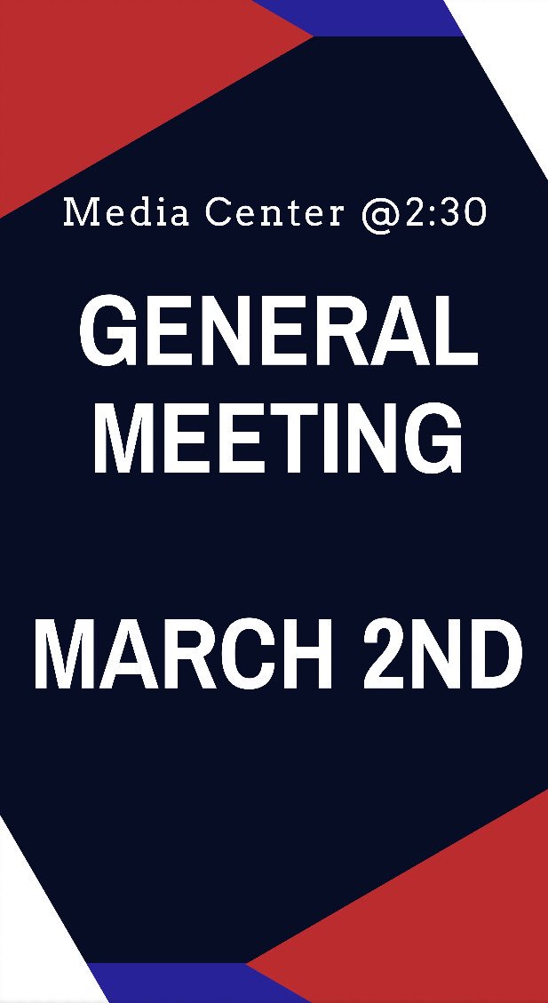 Patriots_StuCo's tweet photo. General Meeting March 2nd in the New Gym Lobby @2:30. Hope to see you there 🔵⚪️🔴 https://t.co/bsY5ugeksh