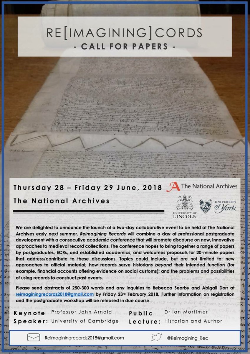 Reimagining_Rec's tweet photo. It's the final countdown 🎶... Just FIVE DAYS to get your abstract submitted for Reimagining Records @UkNatArchives this June! CFP closes on 23 February. #ReimaginingRec #MedievalTwitter #phdchat https://t.co/2tXOKBS3c8