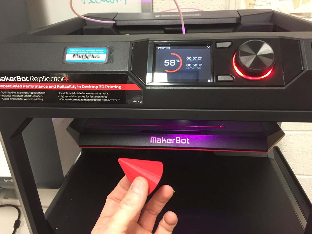 DrJustinNichols's tweet photo. @makerbot we are loving our MakerBot replicator+ 3D printer in #NCESCreationStation. base waiting for its weather vain @NewCastleES_VB https://t.co/9dn1CWuW4v