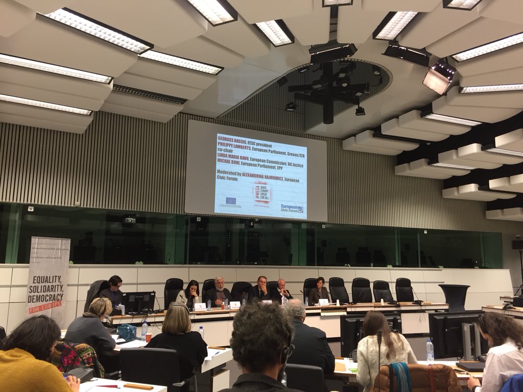 NetwerkDem's tweet photo. Great speakers in the panels during the kick-off of the #megacampaign in Brussels. With important calls to connect EU to local level, be inclusive and learn how to mobilize collective intelligence. Much overlap with the goals of the #eucrowd project https://t.co/HGy7V7JEmp