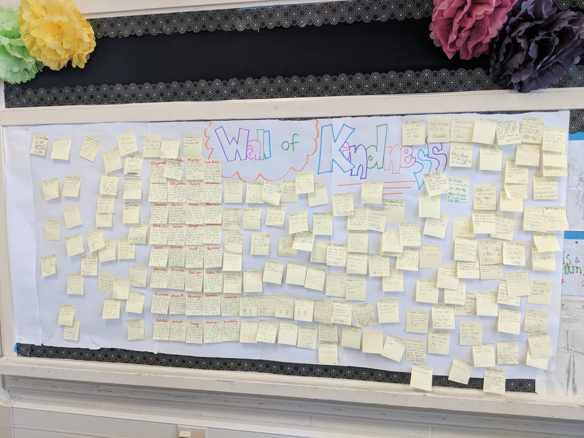 jacnoguez's tweet photo. Wall of Kindness for RISD Kindness week.students wrote notes to each other every day and  got to take their kindness notes home on Friday. #risdgreatness https://t.co/Y6vJhhYyYA