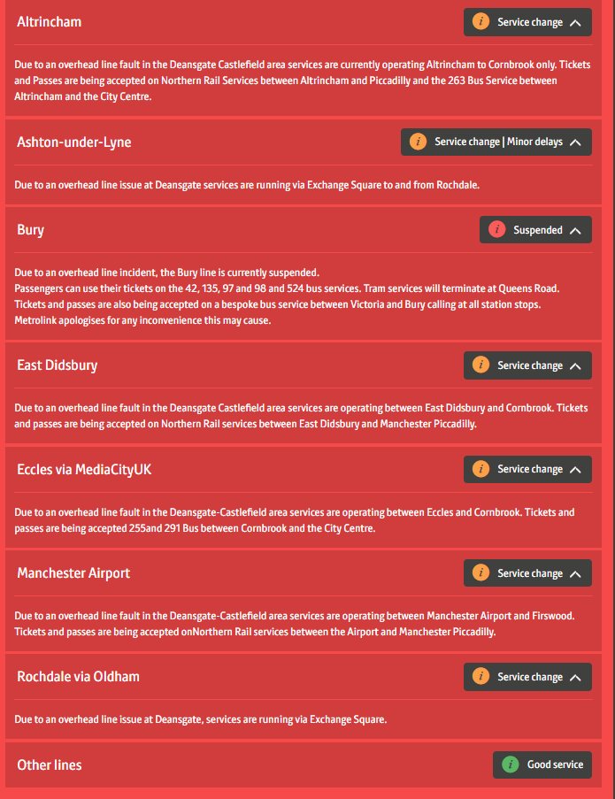 MCRMetrolink's tweet photo. Unfortunately the overhead line issue at Deansgate Castlefield has recurred. Services are back running to the previously advertised patterns. You can see how your line is affected on the following picture. https://t.co/KRTVP1TuXg