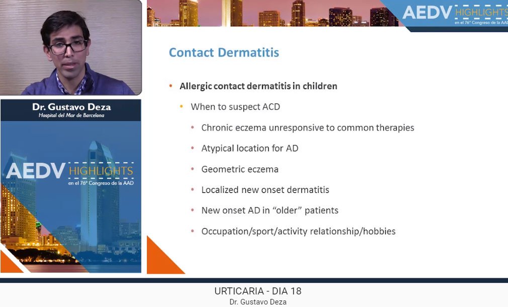 aedv_es's tweet photo. Gustavo Deza: “las reacciones de dermatitis de contacto en niños no son raras. Hay que sospechar de estas reacciones cuando son eccemas crónicos que no responden a terapias convencionales o localizaciones atípicas, ” , #AAD18 #AAD2018 https://t.co/PlhA6eTsX5 https://t.co/NywFnfsbwk