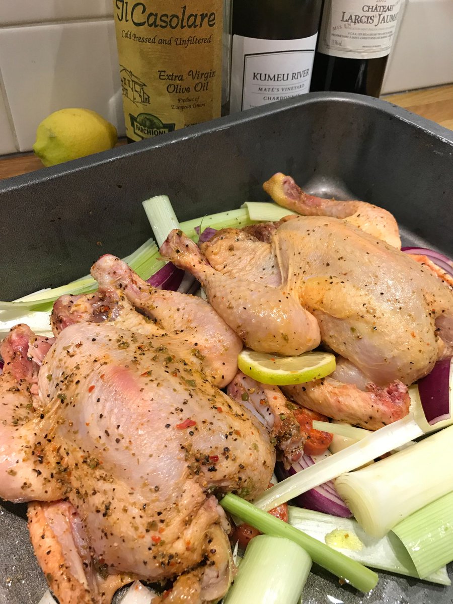 hsmithkitchen's tweet image. Poussin from @HGWalterLondon smeared with butter, oregano, salt and pepper and added to a pan of chopped onions, leeks and chorizo. Shoved into a 190C oven and forgotten about for 45 minutes. 
#simplesupper #easycooking #Hammersmith