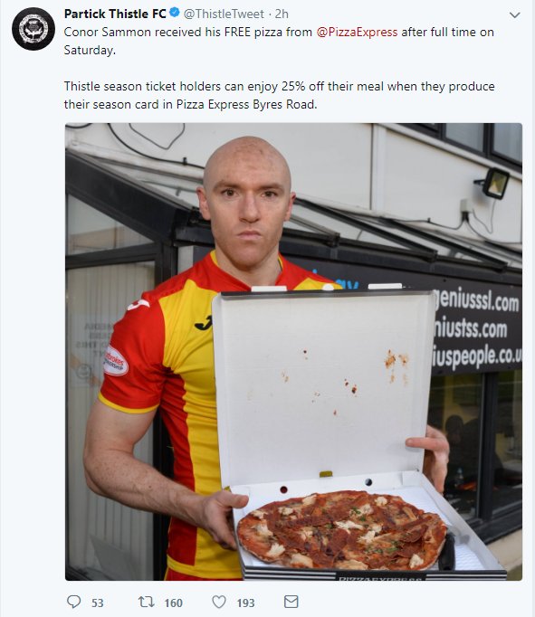 Conor Sammon receiving a free pizza after being named man of the match for Partick Thistle. F*cking delighted he is too.
