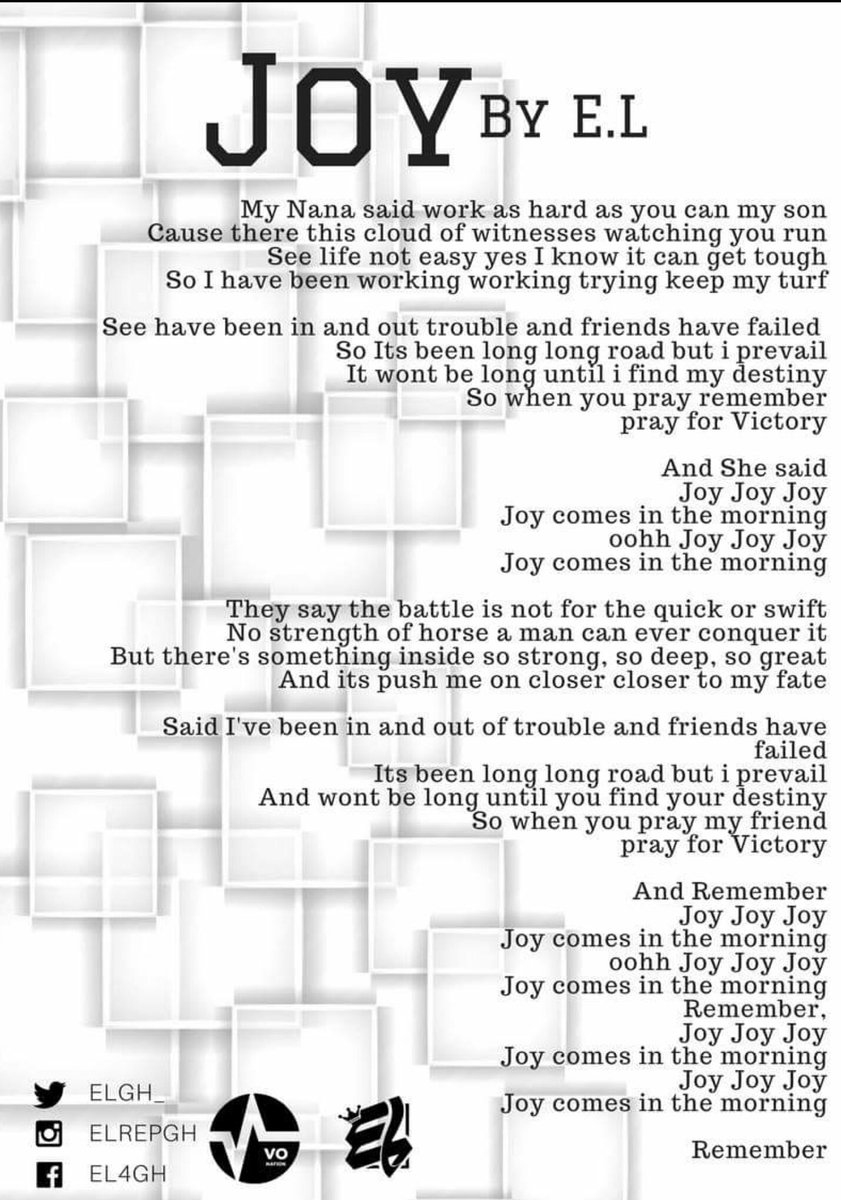 Ababio2131's tweet photo. You asked for it,
JOY By E.L Lyrics
https://t.co/l7Ek9jDoW1
#Ababio2131 https://t.co/SGTo2jTAO6