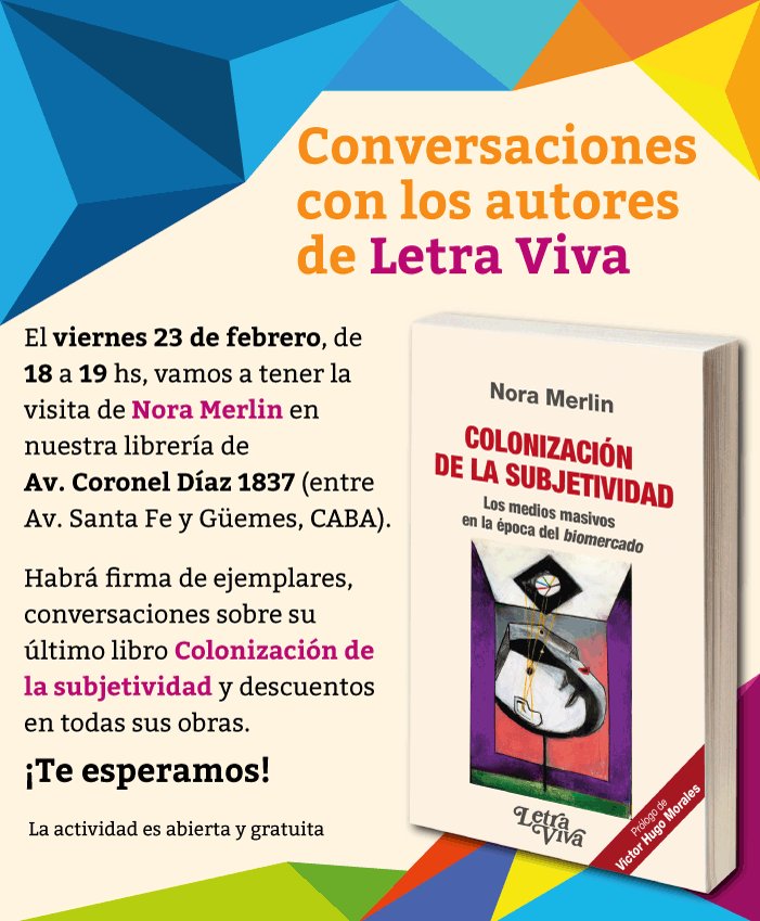 Este viernes firma Nora Merlín en la librería. Vamos a compartir un momento informal con la autora de "Colonización de la subjetividad" y a disfrutar de descuentos en sus obras. ¡L@s esperamos! #BuenLunes <a href="/VHMok/">Víctor Hugo Morales</a> <a href="/oranzani/">Oscar Ranzani</a>