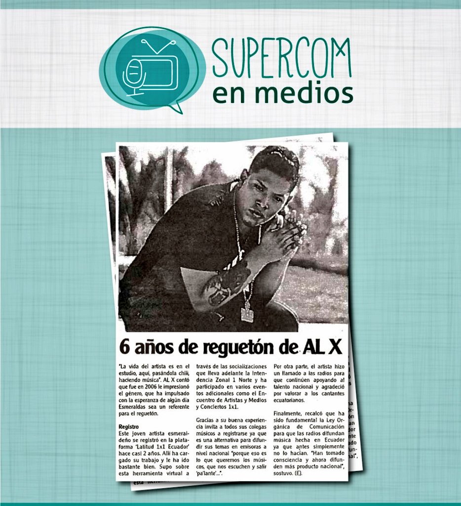 SupercomZona7's tweet photo. #SupercomEnMedios
Contenido musical es toda obra; producida, compuesta o ejecutada en Ecuador.🇪🇨 @CronicaLoja recalca el trabajo realizado en 6 años de reguetón, del artista esmeraldeño "AL X" 👨🎤
@SupercomZona1 https://t.co/rt3E9AS2fQ