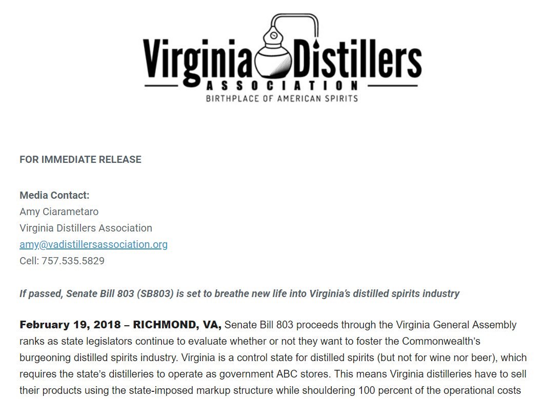 Please help us spread the word by sharing this press release about common sense legislation for Virginia craft distillers! And BIG thanks to Senator <a href="/ReevesVA/">Bryce Reeves</a> and Delegate @NickForVA for sponsoring SB803. #VaSpirits
 
PRESS RELEASE: virginiaspirits.org/virginia-disti…