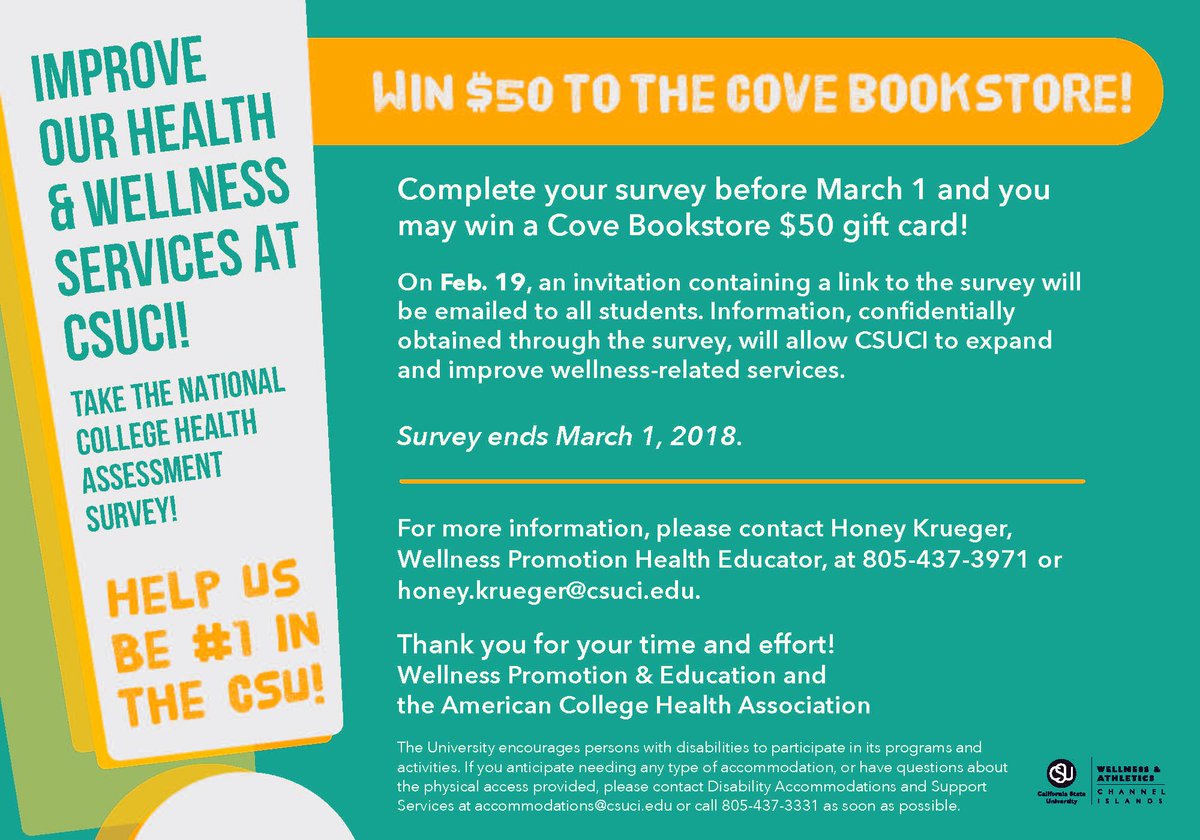 ci_asi's tweet photo. Complete the NCHA survey by March 1st and you’ll have a chance to win $50! CSUCI wants to hear from you so check your email for the survey link. For more information, please contact Honey Krueger at x3971. https://t.co/qVLy4PJshC