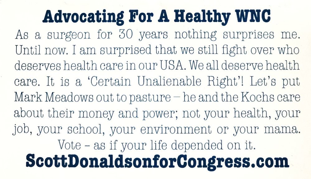 Healthcare is a Right, not a privilege! 
Support @SDonaldsonNC11 for North Carolina, #NC11

Volunteer to help get him elected to #ClearTheMeadows
Visit his webpage: bit.ly/2EqHzRe