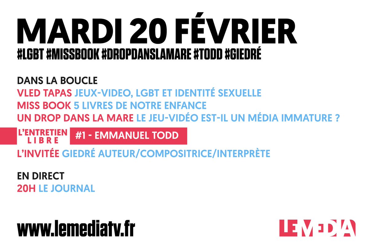 LeMediaTV's tweet photo. MARDI 20 FÉVRIER
#LGBT #Missbook #Dropdanslamare #Todd #Giedré
Bonne journée sur #LeMédia !
➡️ https://t.co/eKfq7gsGa7 https://t.co/uJY3gZNBrx