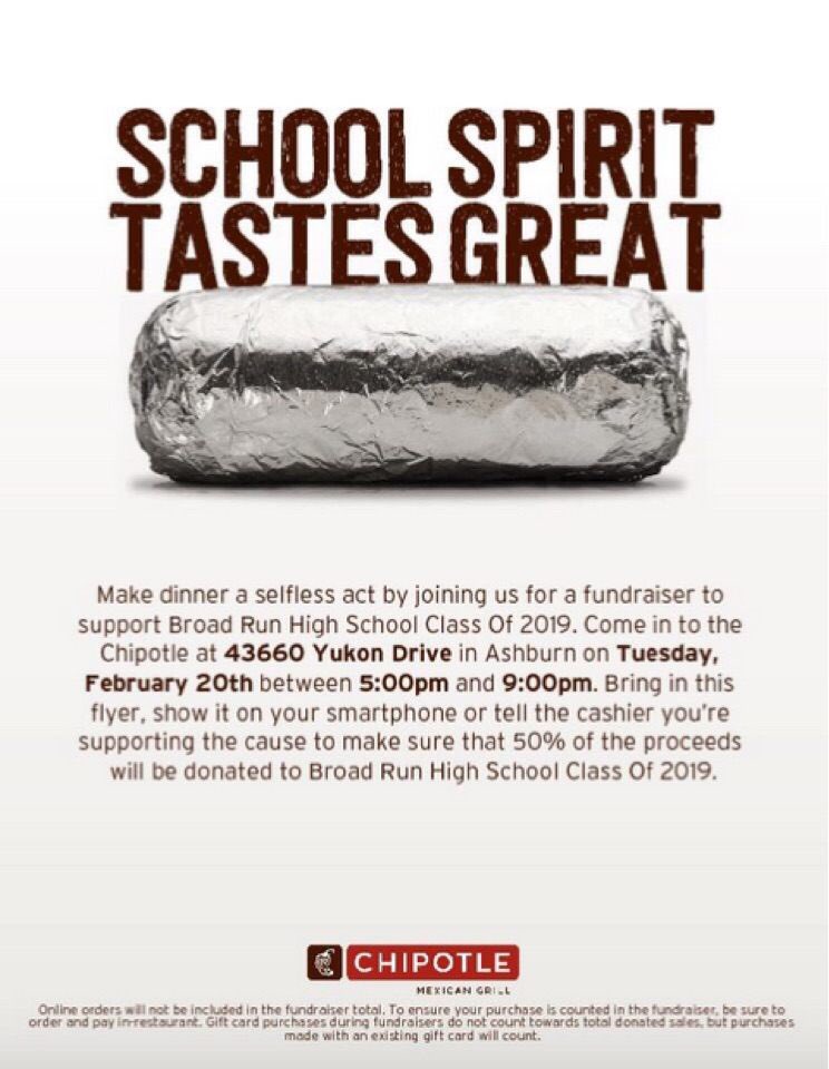 Come out to chipotle tomorrow night to support prom and the class of 2019! Show this flyer when you pay!!
