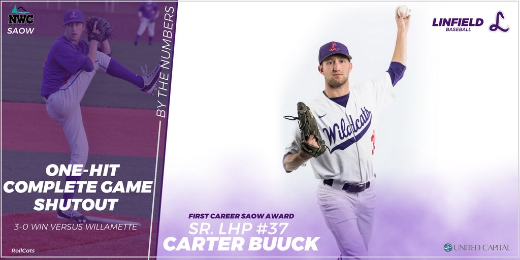 linfieldsports's tweet photo. Carter Buuck has been named NWC Baseball Pitcher Student-Athlete of the Week. @linfieldbsb 

The Wildcat starter earned a one-hit complete game shutout to give the ‘Cats a series win over Willamette. 

#RollCats https://t.co/N9NCthrgAi