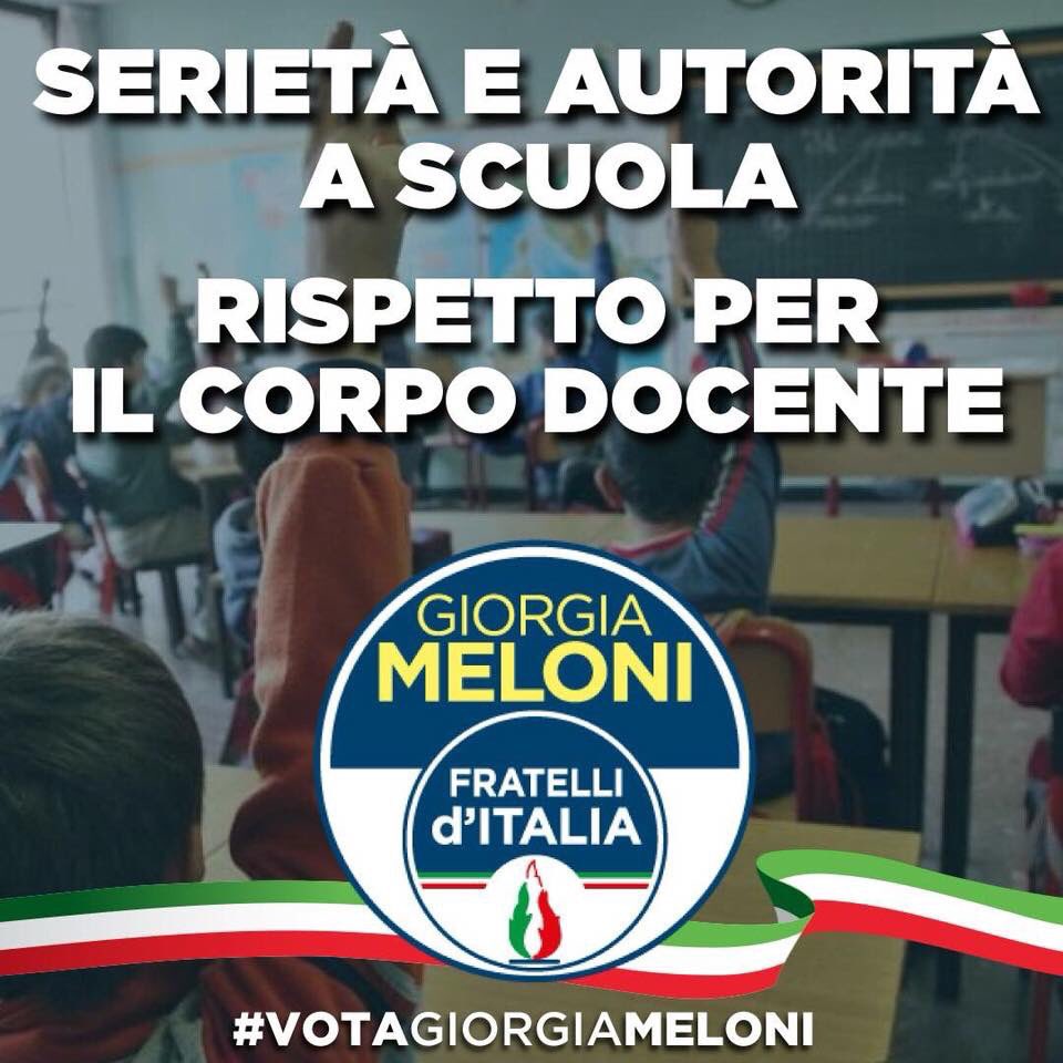 RosaClarice80's tweet photo. A chi ci definisce un partito “ minoritario “ rispondo così. Cresceremo e lotteremo per ridare agli insegnanti la dignità che meritano, agli alunni una scuola migliore e faremo tornare la scuola un’istituzione dello Stato. #FDIperLaScuola https://t.co/fzo0Pq4qKd