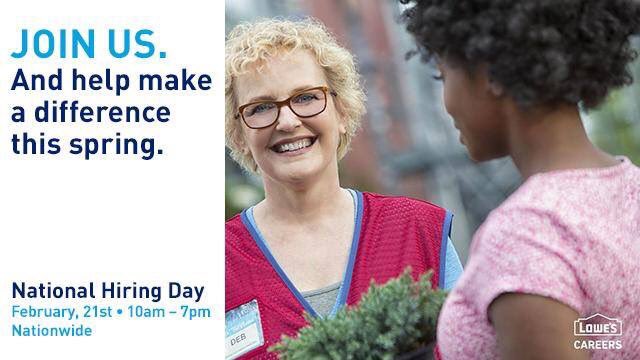 LoraleeBechard's tweet photo. Lowe’s is looking for associates who are positive, dedicated, and ready to make a difference. Stop in to a Lowe’s near you on Wednesday 10am-7pm for on-the-spot interviews! https://t.co/Me2wUVQE07 Follow @LowesCareers #PositiveWorkforce #LowesHiringDay #NationalHiringEvent https://t.co/v5ZHzWs0kS