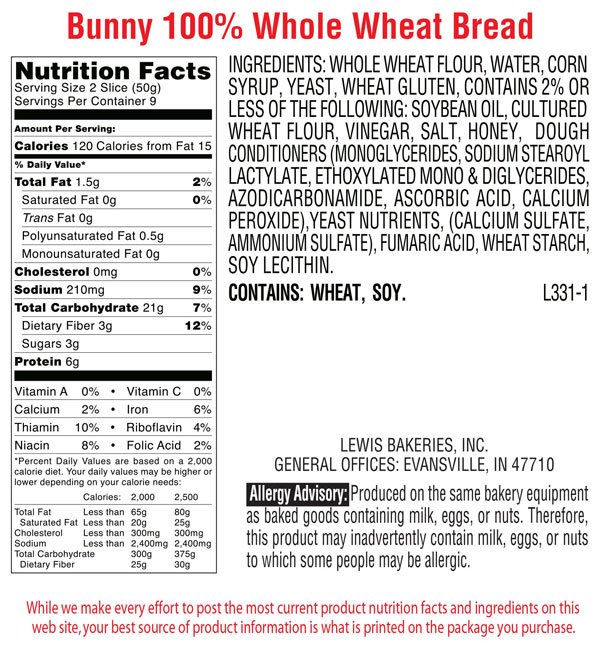 Whole Wheat Bread Nutrition Facts 2 Slices Nutritionwalls