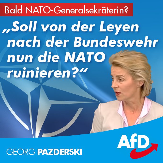 AFDSupport1's tweet photo. .@Georg_Pazderski, stellv. #AfD-Bundesvorsitzender, zu einer möglichen "Anschlussverwendung" als NATO-Generalsekretärin:
❝Gibt es für Frau #vonderLeyen keine anderen Ent- bzw. Versorgungsposten?❞
#Bundeswehr
➡️ https://t.co/LVVsiXWkZv https://t.co/hBPRyAyfgF