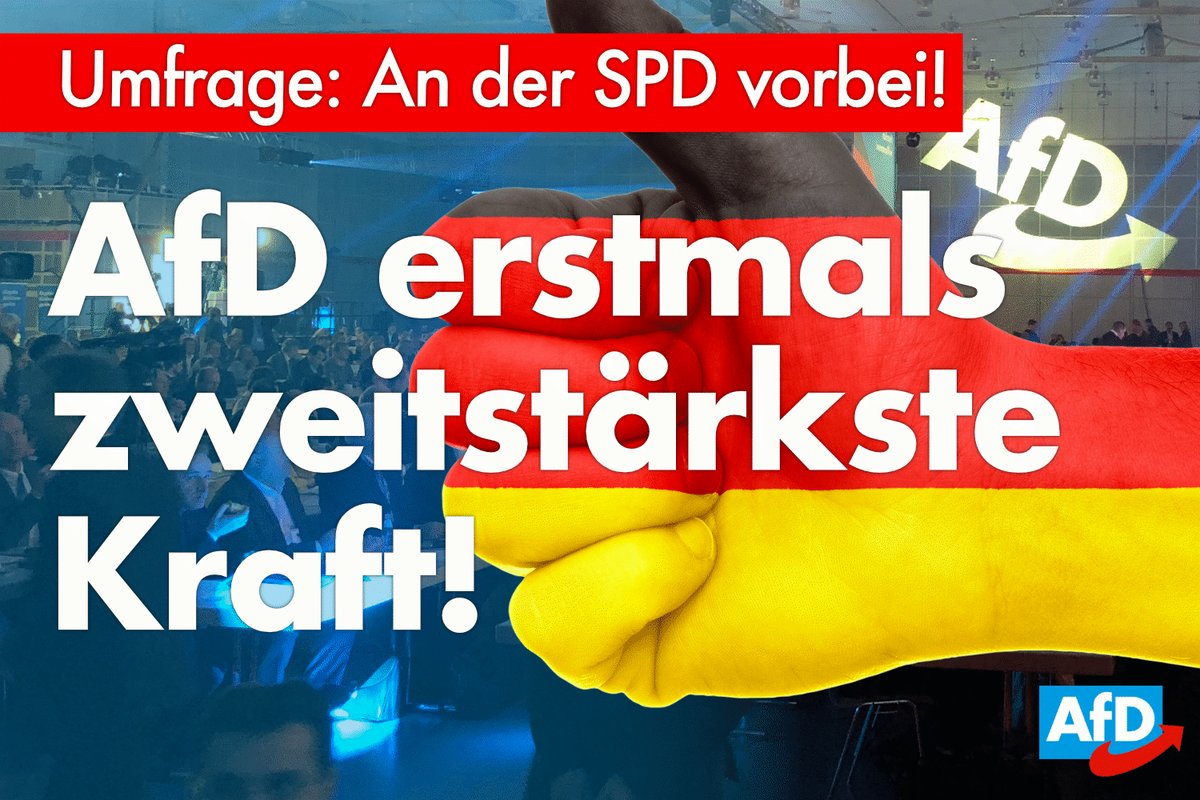AFDSupport1's tweet photo. 🎉 +++Ein historischer Tag: #AfD zweitstärkste Kraft in 🇩🇪!+++ 🎉
In der aktuellsten Umfrage (#INSA) legt die AfD auf 1⃣6⃣ % zu und lässt die SPD (15,5 %) erstmalig hinter sich - wir sind damit nun auch offiziell Volkspartei!
ℹ️ https://t.co/SSTPgOMPpF https://t.co/cdZEQ2sgEP