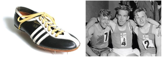 На фото не Аdidas, а бутсы финской копании Karhu. До 1952 года форма и обувь Аdidas была одноцветной, пока Ади Даслер не понял, что пора что-то менять в дизайне, и не купил у финнов фирменный дизайн "три полоски" за 4 тыс. дойчмарок. Не шутка.