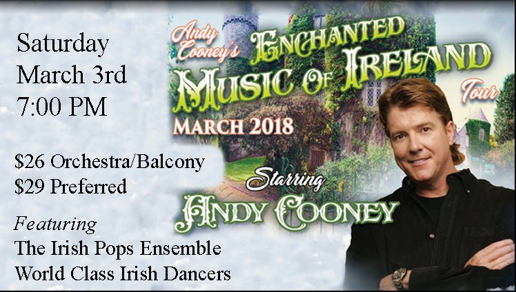 Come and see <a href="/twitcooney/">Andy Cooney</a>'s "Enchanted Music of Ireland" March 3 at the Eichelberger Performing Arts Center! Tickets available: 717-637-7086 #irishspirit #hanoverpa #irishmusic