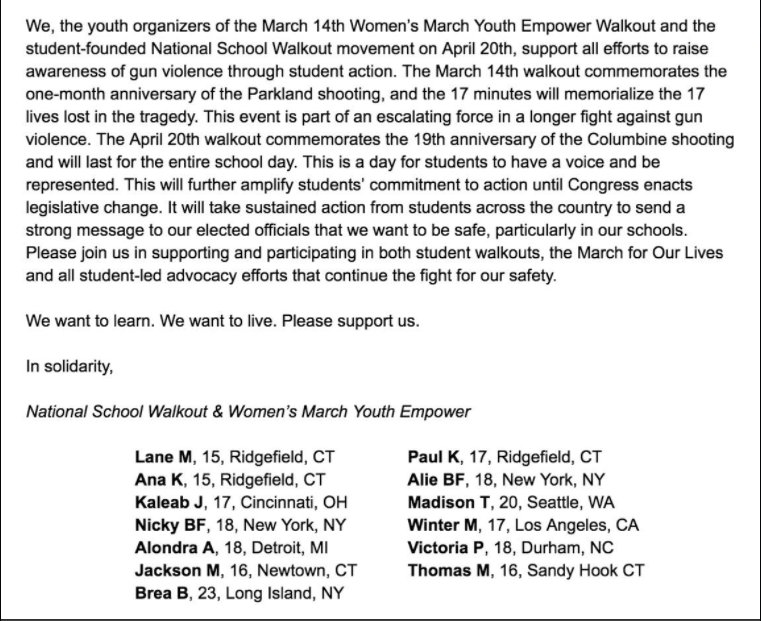 Proud to work with <a href="/WomensMarchY/">Youth Empower</a> and <a href="/AMarch4OurLives/">March For Our Lives</a>, as we look forward to advancing our mutual goal of ensuring a safer future for young Americans. #NationalSchoolWalkout is a grassroots movement for students, by students.