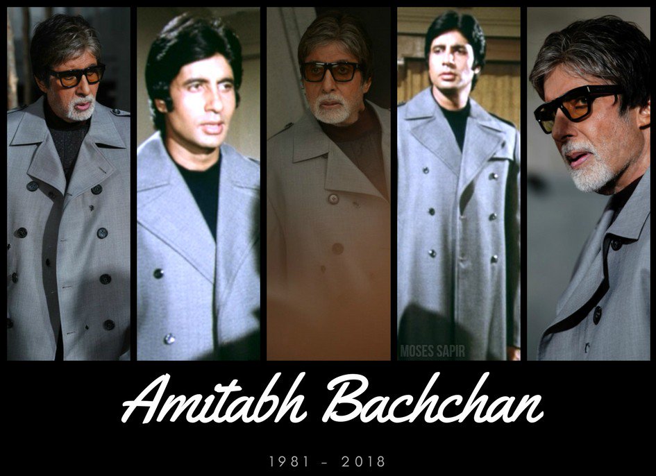 SrBachchan's tweet photo. T 2620 - SIMILARITY in 37 years .. 37 years ago I wore a jacket in film 'Barasaat ki ek Raat" .. and in 2018 at a ad., shoot that style and jacket repeats itself .. !!🙂🙂🙂 https://t.co/zmuPpwrthl