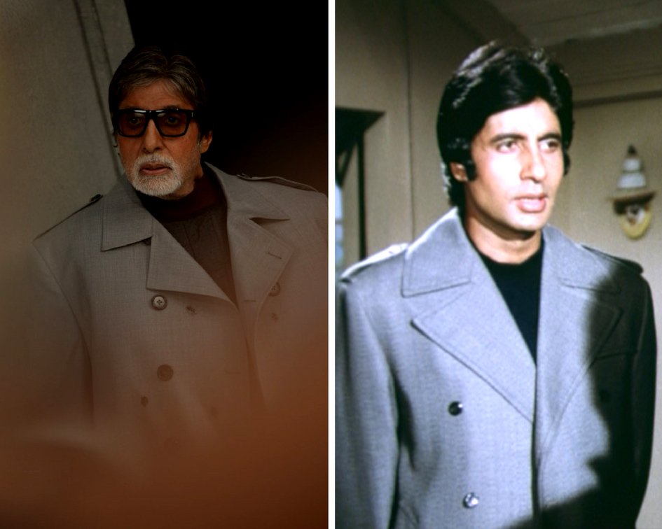 SrBachchan's tweet photo. T 2620 - SIMILARITY in 37 years .. 37 years ago I wore a jacket in film 'Barasaat ki ek Raat" .. and in 2018 at a ad., shoot that style and jacket repeats itself .. !!🙂🙂🙂 https://t.co/zmuPpwrthl