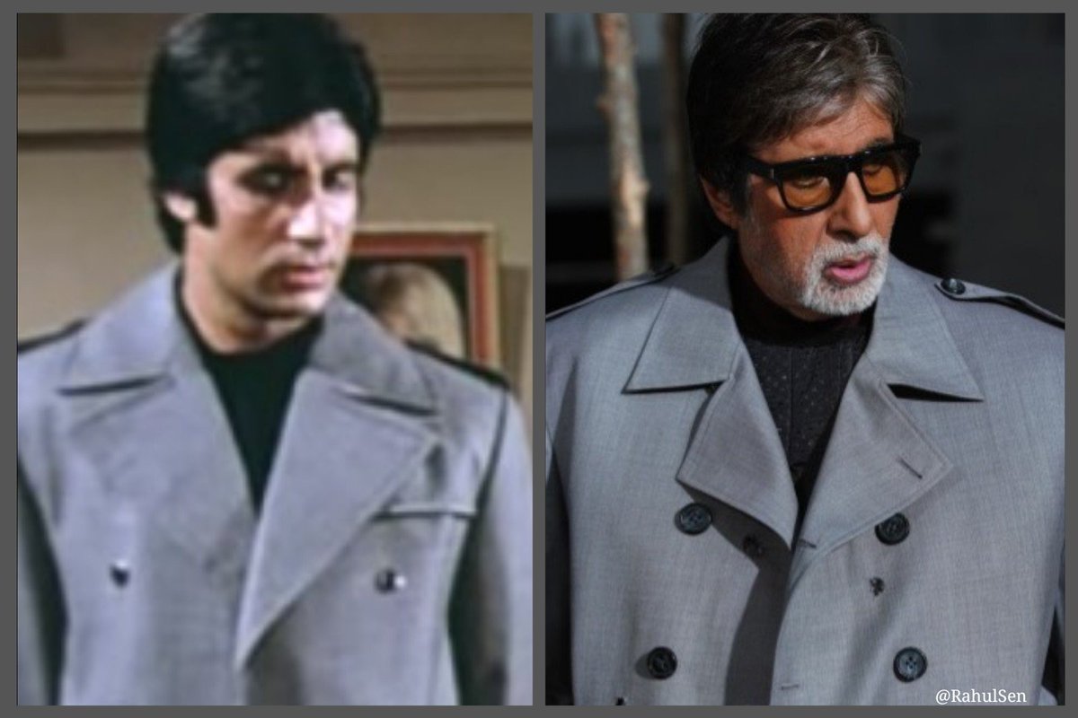 SrBachchan's tweet photo. T 2620 - SIMILARITY in 37 years .. 37 years ago I wore a jacket in film 'Barasaat ki ek Raat" .. and in 2018 at a ad., shoot that style and jacket repeats itself .. !!🙂🙂🙂 https://t.co/zmuPpwrthl