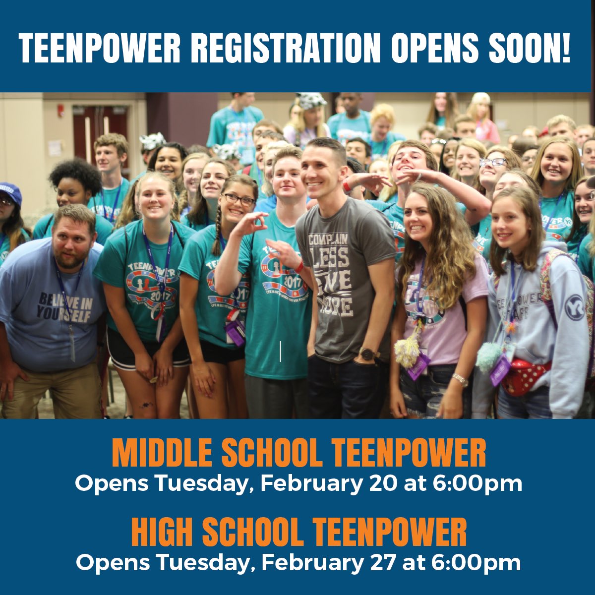 YouthResources's tweet photo. TOMORROW! Middle School TEENPOWER registration opens at 6pm on our website! Be ready - it’ll fill up fast! We can’t wait for #TP2017! 🤯 https://t.co/9V2GNbL0hB https://t.co/z1V185KAjR