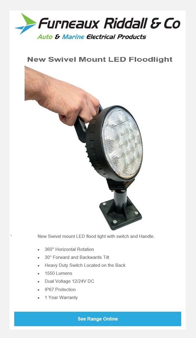 Swivel Mount LED Flood Light - 12/24V DC from Furneaux Riddall bit.ly/2ErSkiX