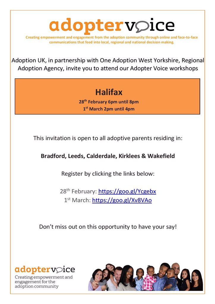 Families in Leeds, Calderdale, Wakefield, Bradford and Kirklees - come and join us at these two #AdopterVoice workshops!

Come join other parents and Adopter Voice representatives in @one_adoption <a href="/AdopterVoiceOne/">Adopter Voice Y&H</a>