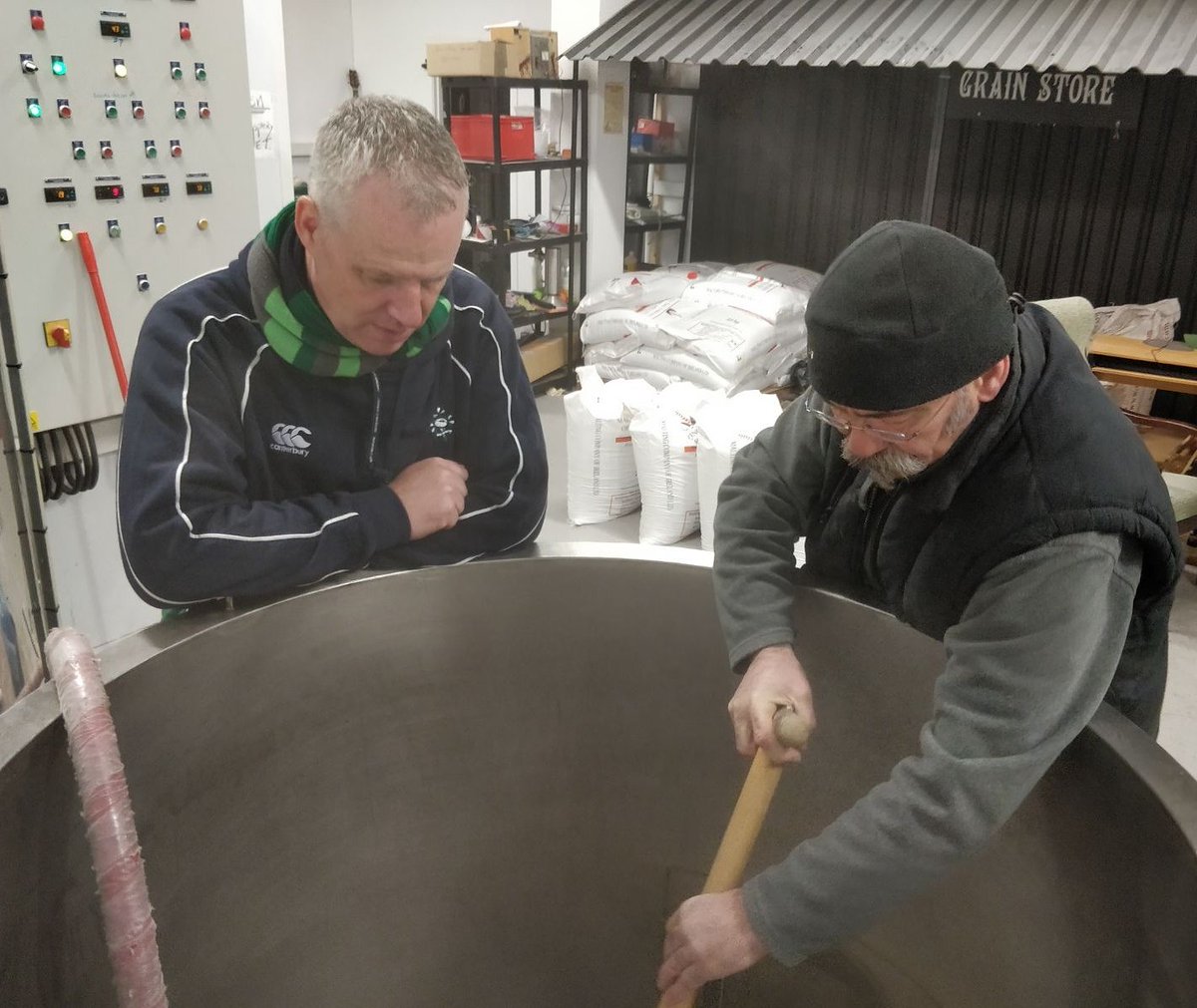 Andy &amp; <a href="/the5LampsBeer/">the5lampsbrewery</a> master brewer Will Harvey working hard mashing in at our collaboration brew. Well Will's working hard anyway.....top day for the Hellfire Brew Club with an absolutely fantastic brewer! #Irishcraftbeer #HellfireBrewClub #5LampsDublinBrewery